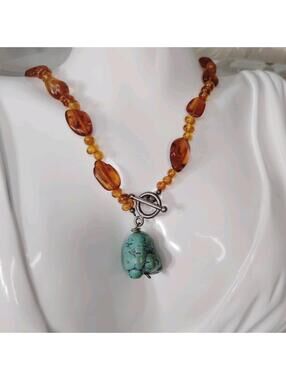 Vintage Genuine Baltic Amber Turquoise Beaded Necklace 925 Clasp